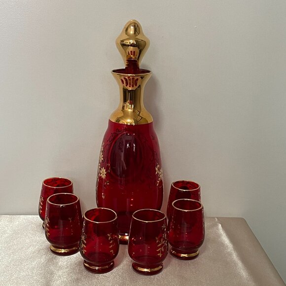 Vintage Venetian Glass Decanter 6 Glasses Set Red Gold - Picture 2 of 8